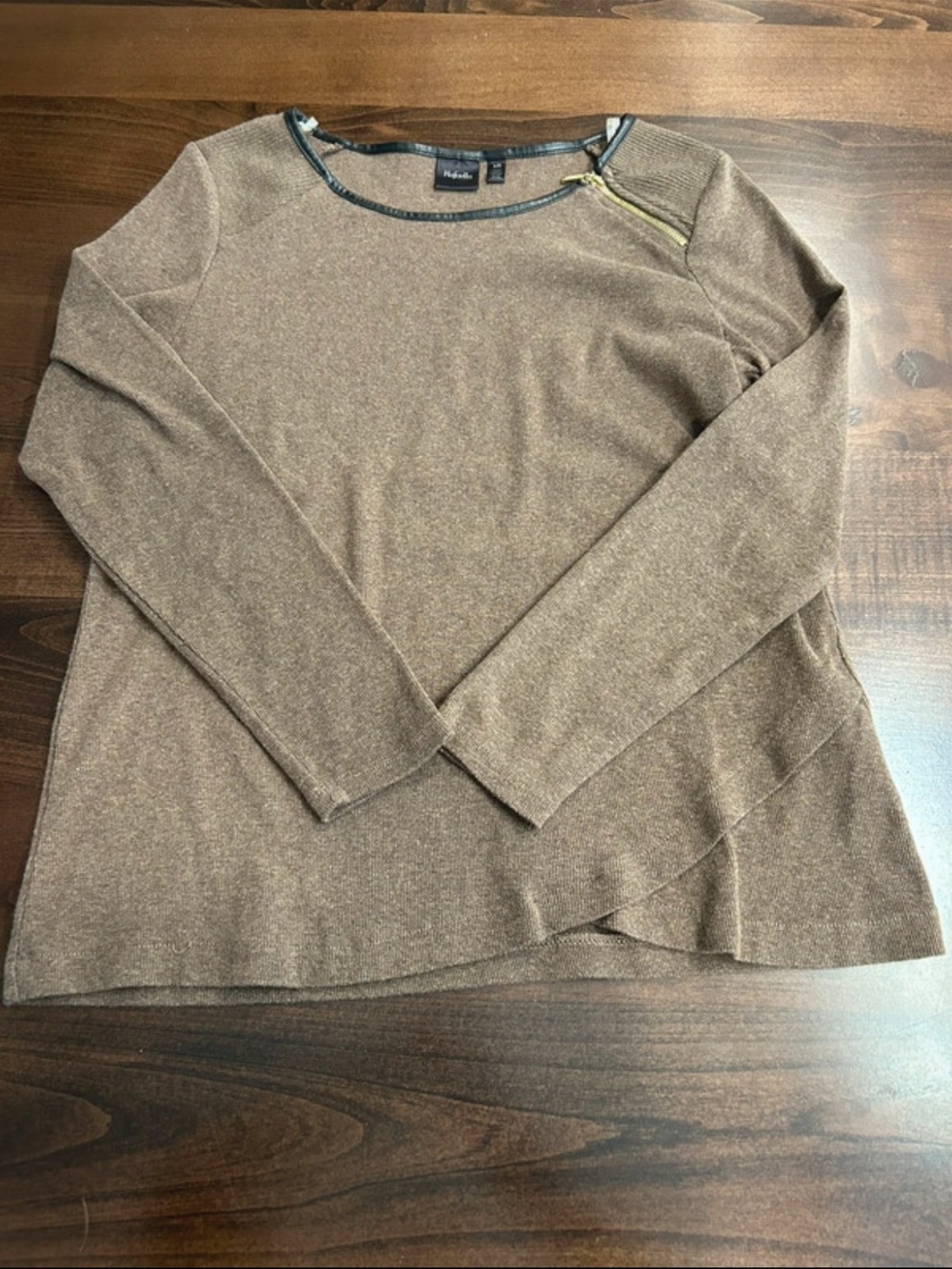 Rafaella Brown Crewneck Sweater with Zip Accent